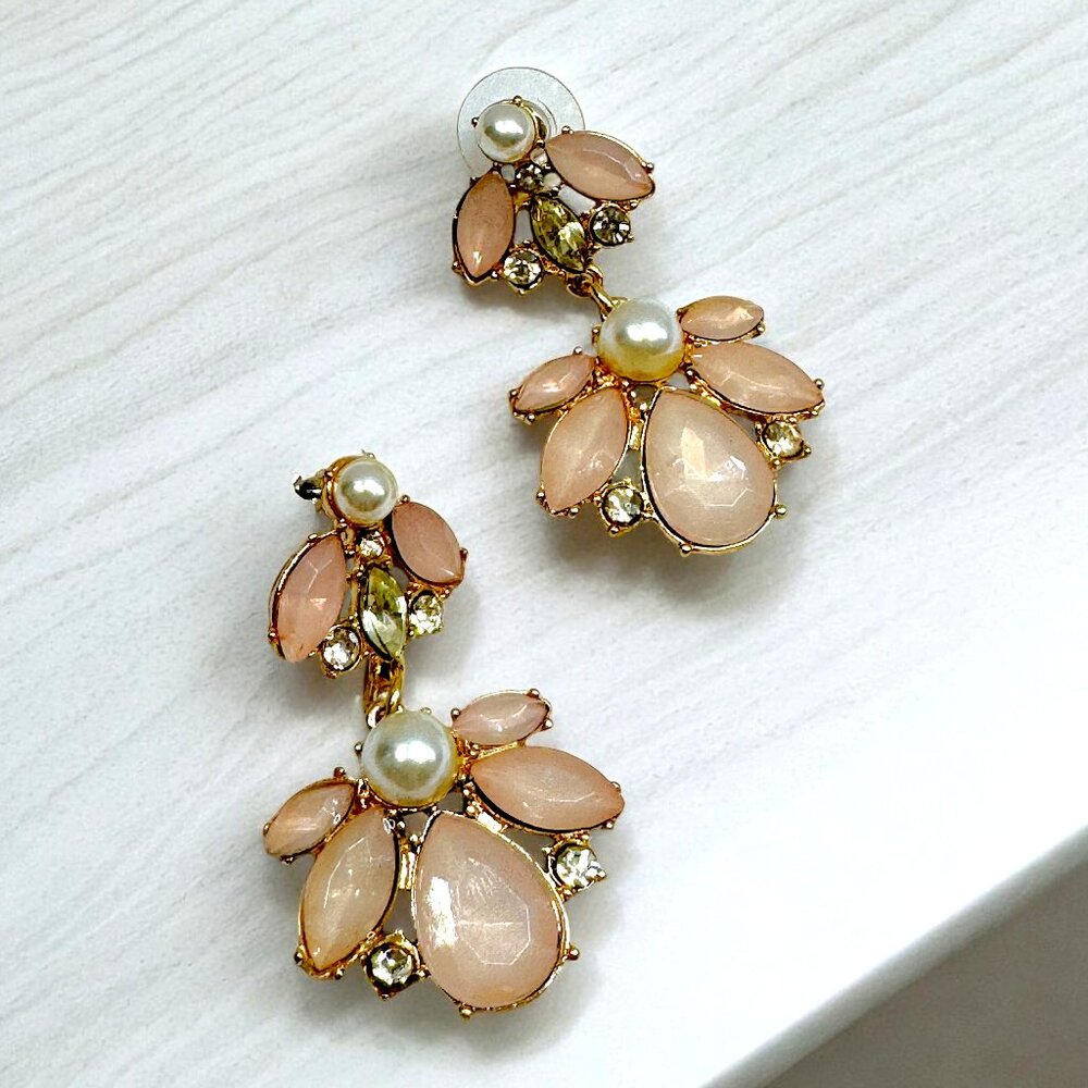 Vintage Light Pink Gold Tone Pierced Earrings Faux White Pearls & Acrylic Stones